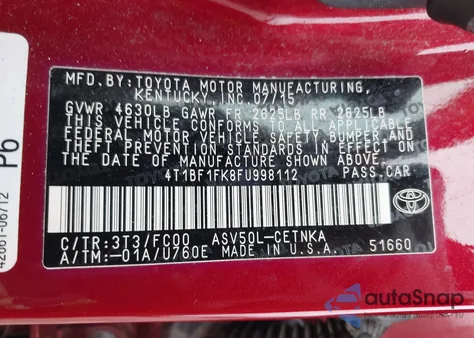 2015 Toyota Camry Le из США, поврежденный, VIN 4T1BF1FK8FU998112